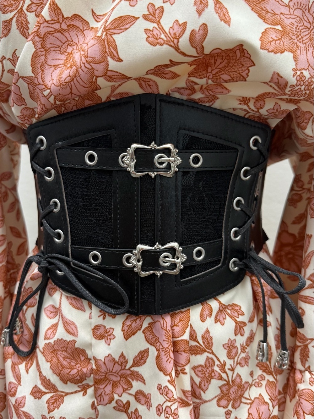 Black Gothic Corset Waist Belt Faux Leather Elastic Lace-Up Buckle Cinch Belt